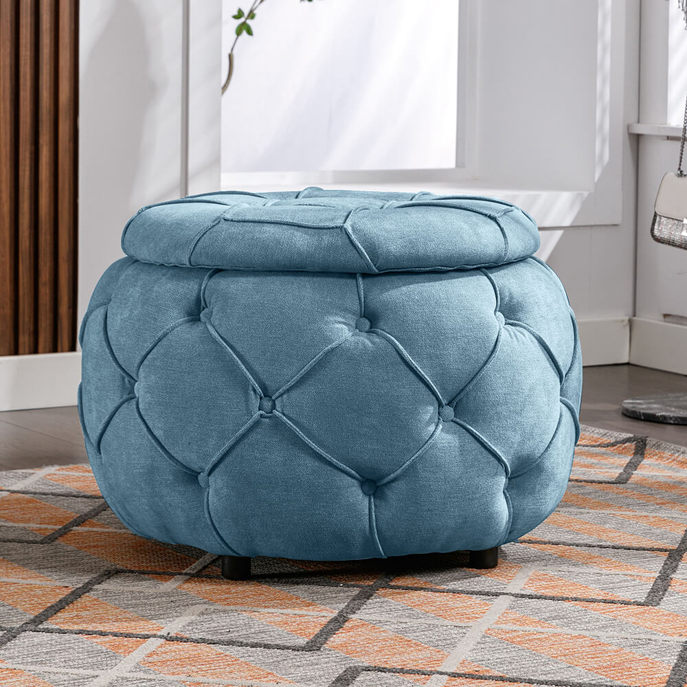 Blue Button Tufted Woven Round Storage Ottoman