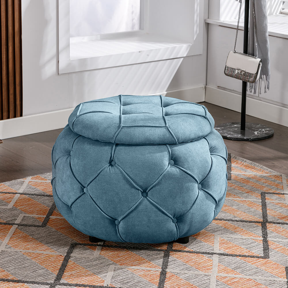 Blue Button Tufted Woven Round Storage Ottoman