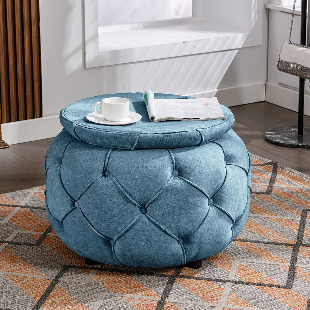 Blue Button Tufted Woven Round Storage Ottoman