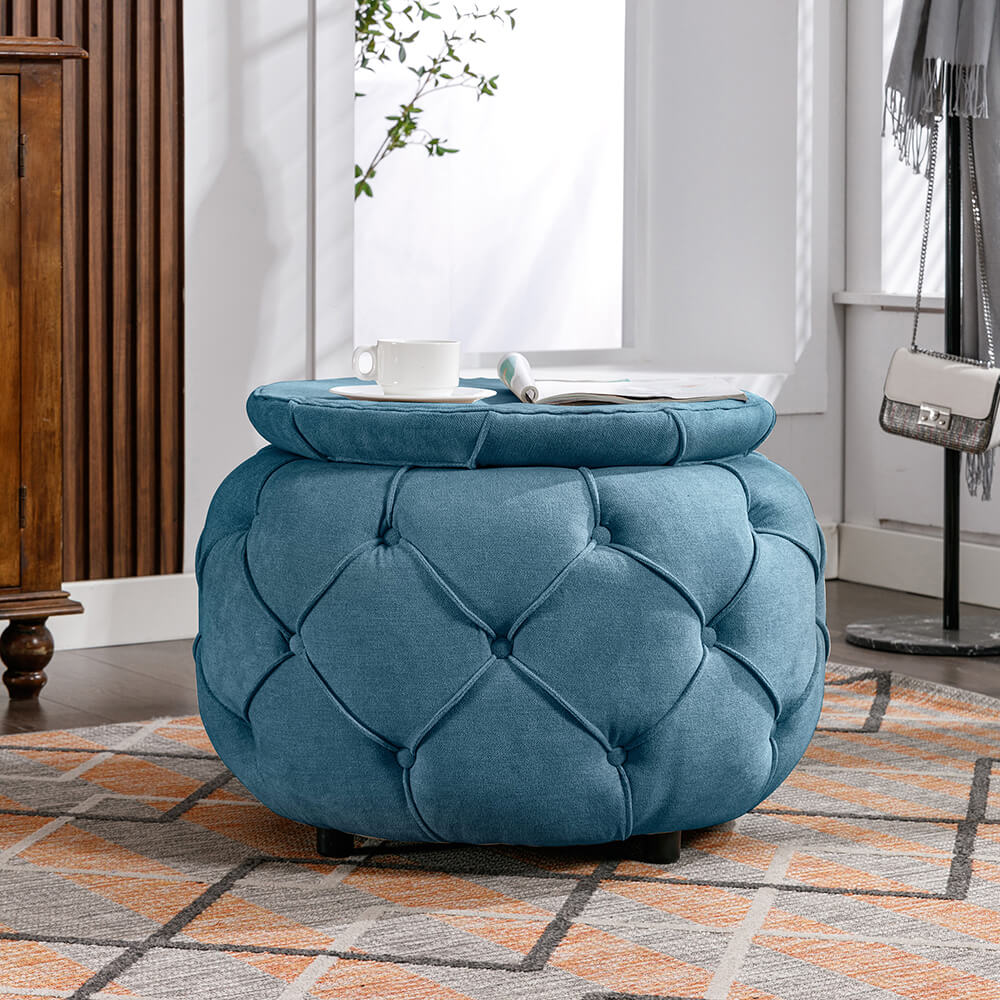 Blue Button Tufted Woven Round Storage Ottoman