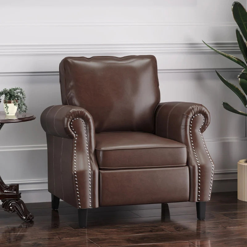 Brown leather accent chair in a cozy office corner