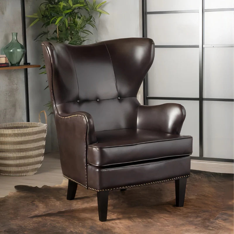 Brown leather accent chair in a cozy corner