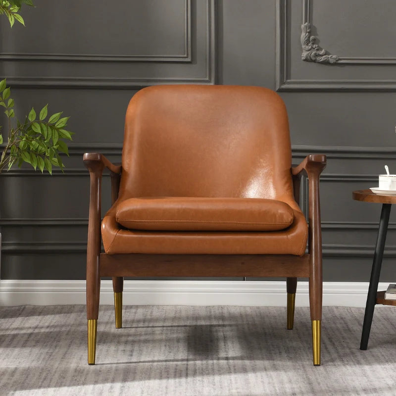 Brown leather accent chair with a side table and tea cup