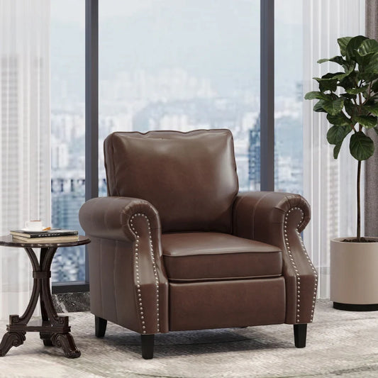 Brown leather accent chair in a cozy office corner