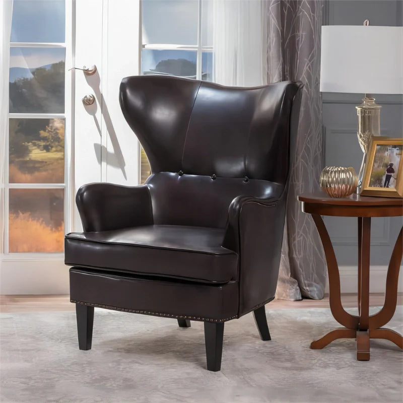 Brown leather accent chair in a cozy living room with a side table beside it