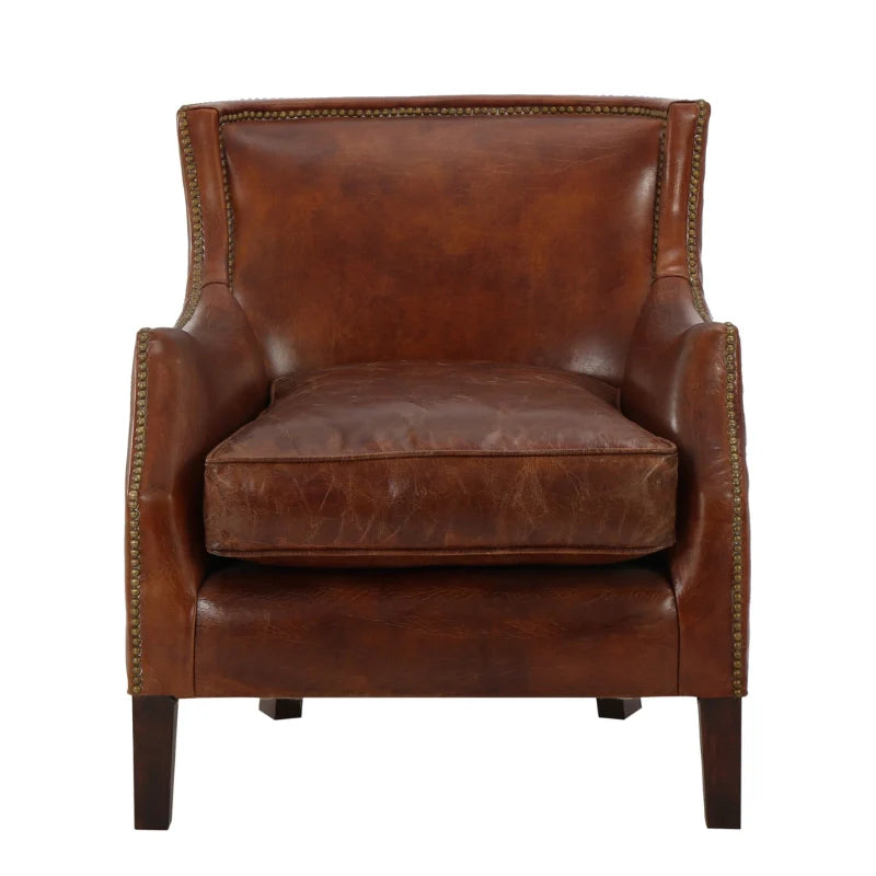 Brown leather accent chair with rivet design and plush cushioning