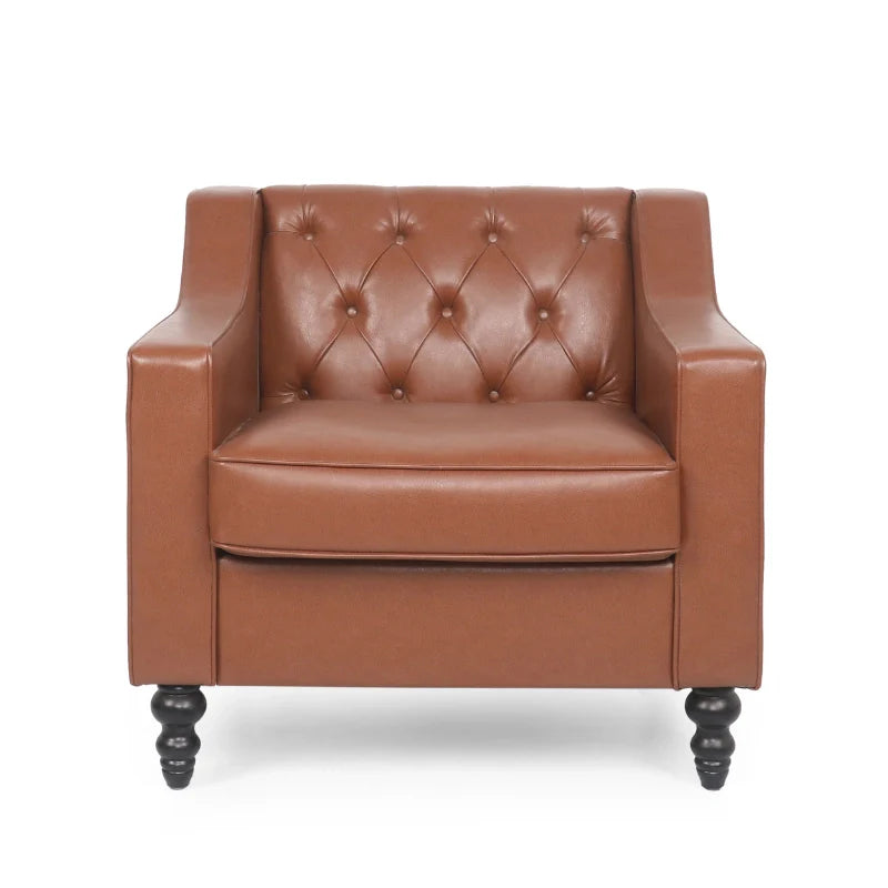 Brown Leather Accent Chair with sloped arms and solid birch wood legs