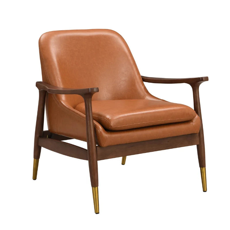 Brown leather accent chair with wooden frame and striking brass legs