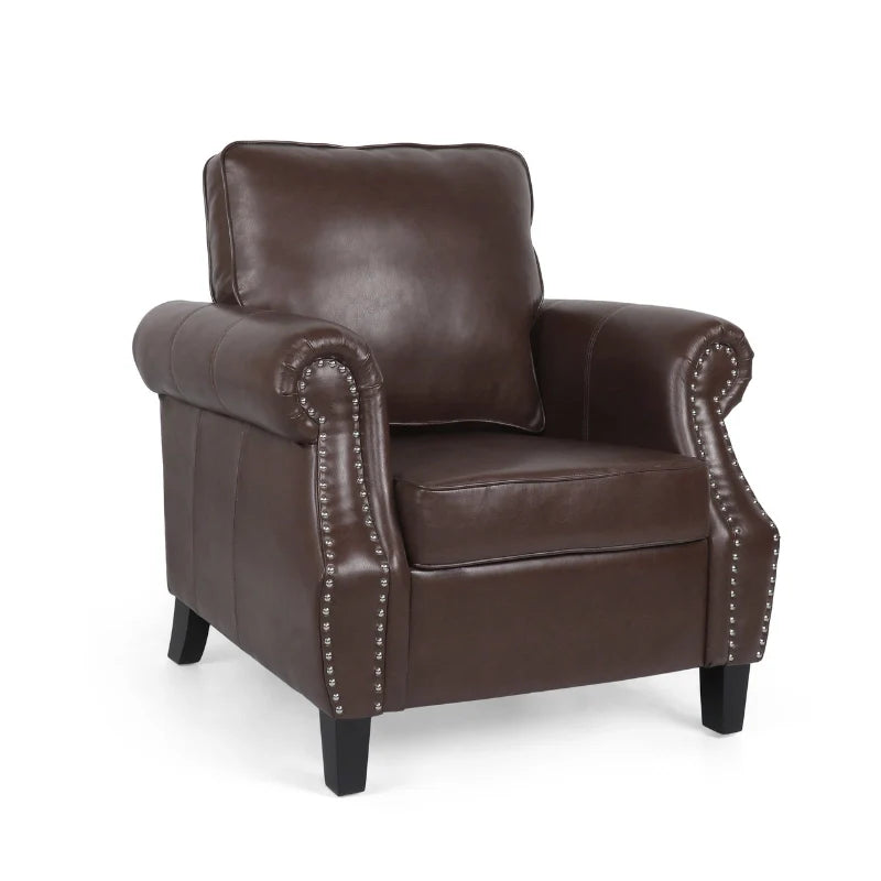 Brown leather accent chair with rolled arms and nail head detailing