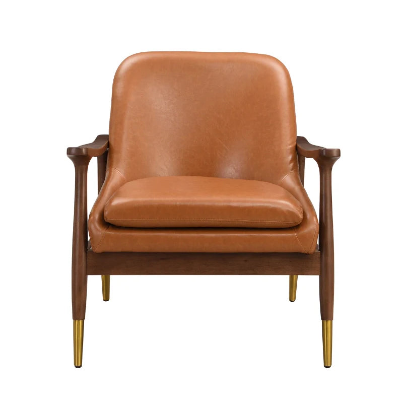 Front view of Brown leather accent chair with wooden frame and striking brass legs