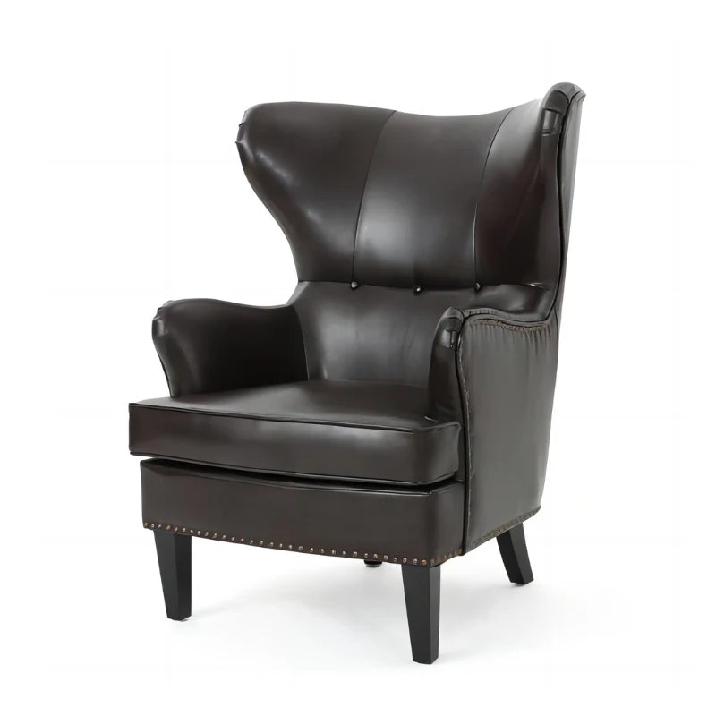 Dark brown leather accent chair with tuft wing back and sturdy legs