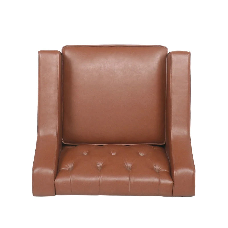 Top view of the Brown Leather Accent Chair with sloped arms and solid birch wood legs