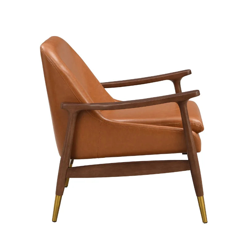 Side view of brown leather accent chair with wooden frame and striking brass legs