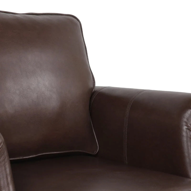 Brown leather accent chair showing plush backrest and brown PU leather