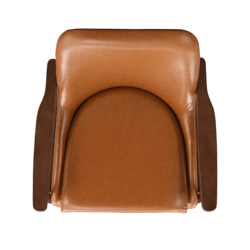 Top view of brown leather accent chair with wooden frame and striking brass legs