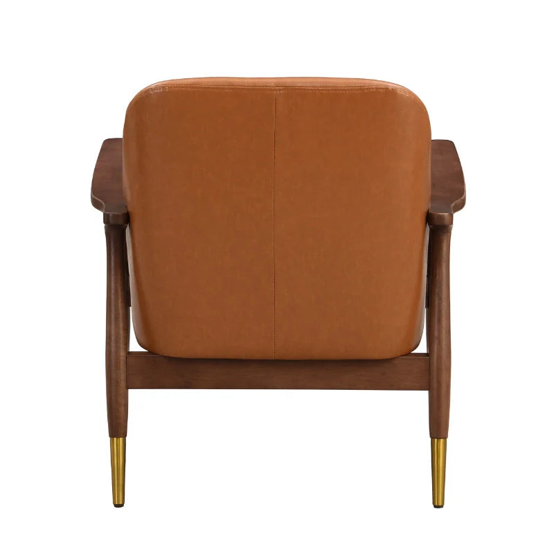 Mid-Century Brown Leather Accent Chair with Brass-Tipped Legs