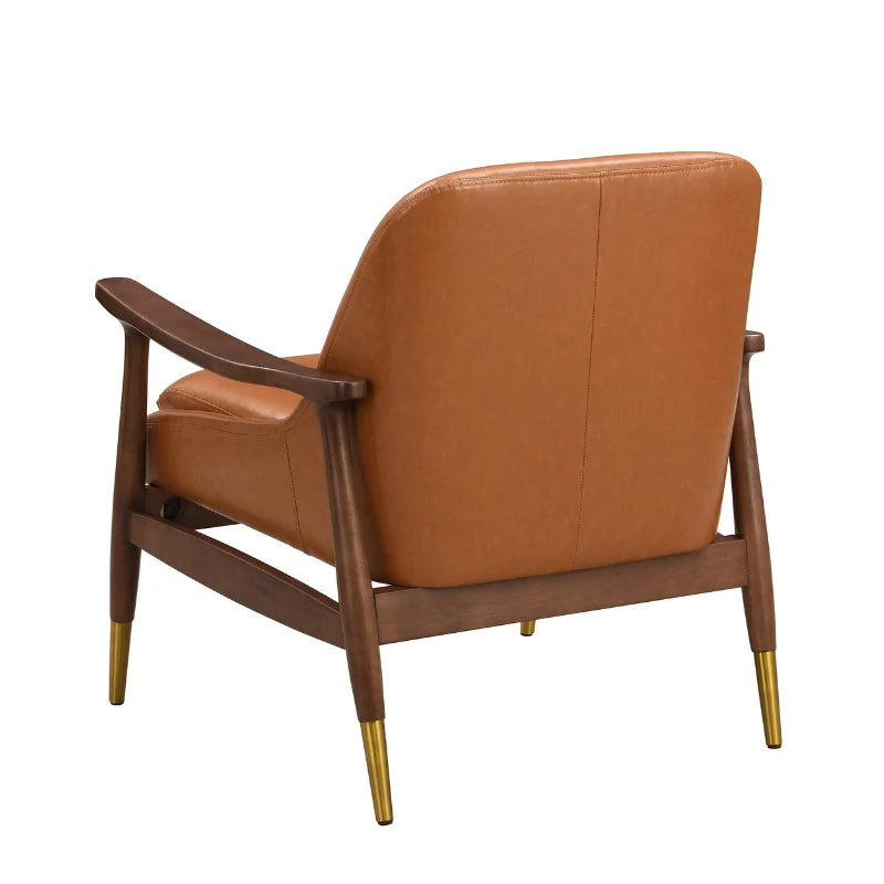 Back view of brown leather accent chair showing its supporting wooden frame 