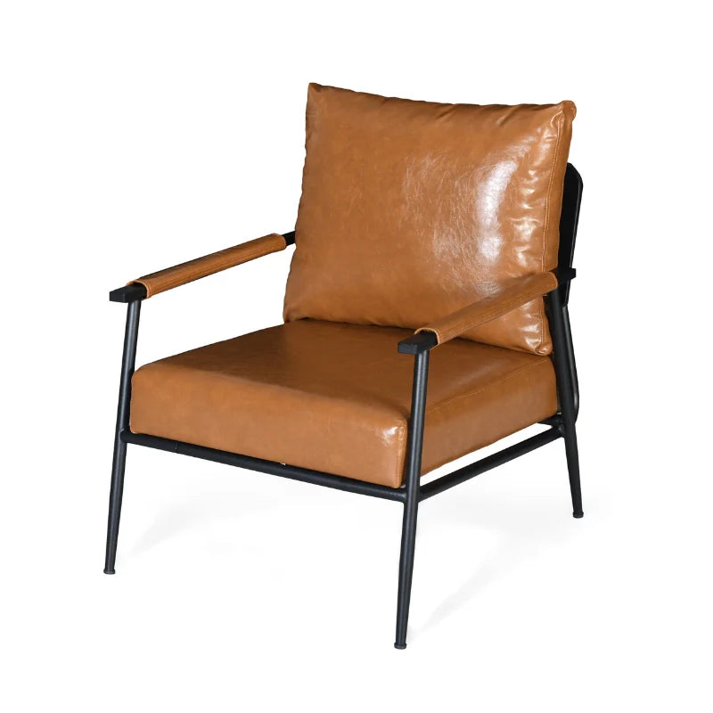 Brown Leather Accent Chair with black iron frame and plush cushioning