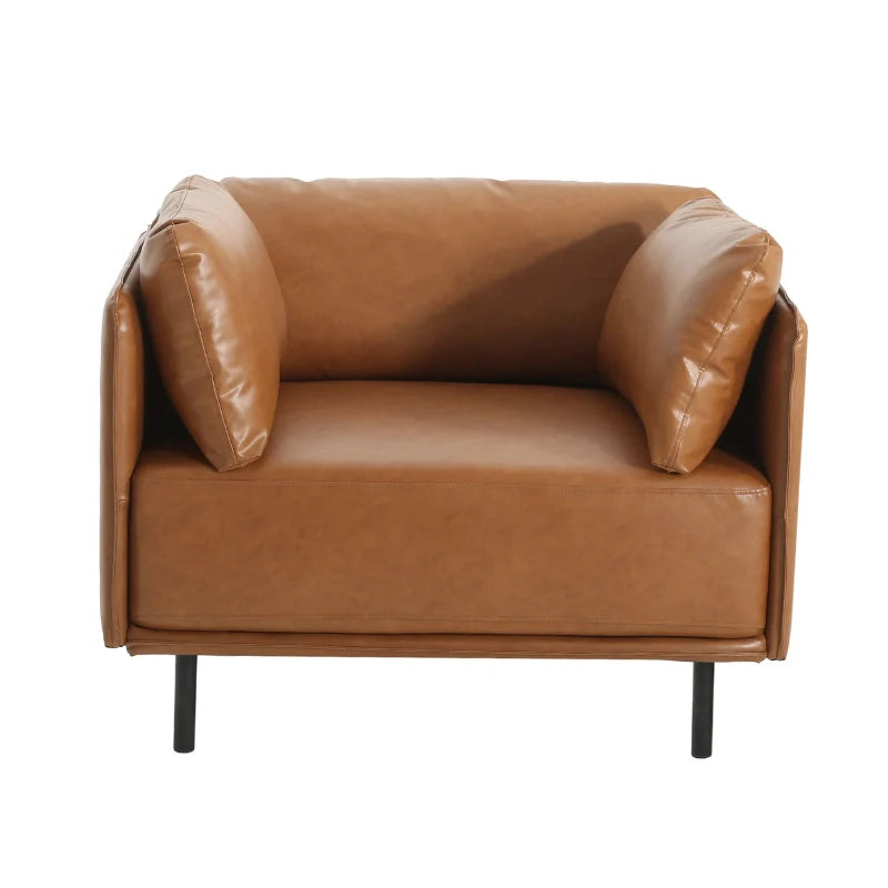 Brown leather lounge chair with sleek metal legs and comfy cushioning