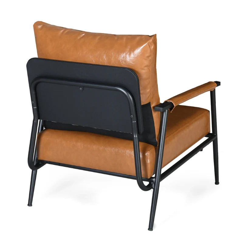 Back view of Brown Leather Accent Chair showing Back, legs and armrest