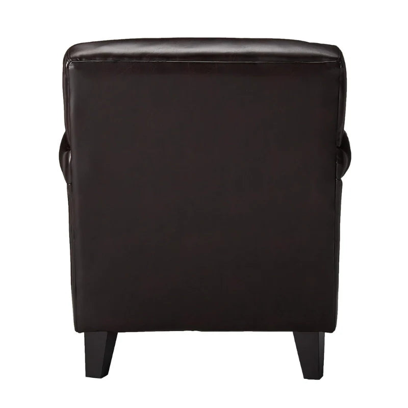 A brown leather accent chair in a white background (back view)