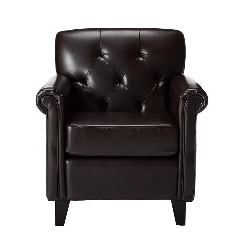 A brown leather accent chair in a white background (front view)