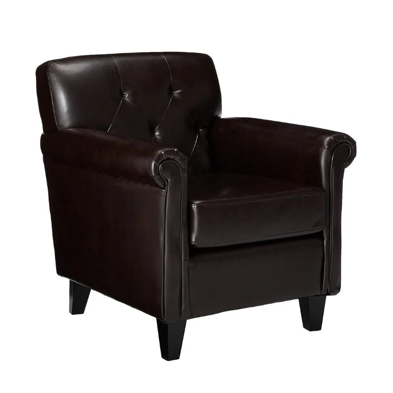 A brown leather accent chair in a white background (side view)