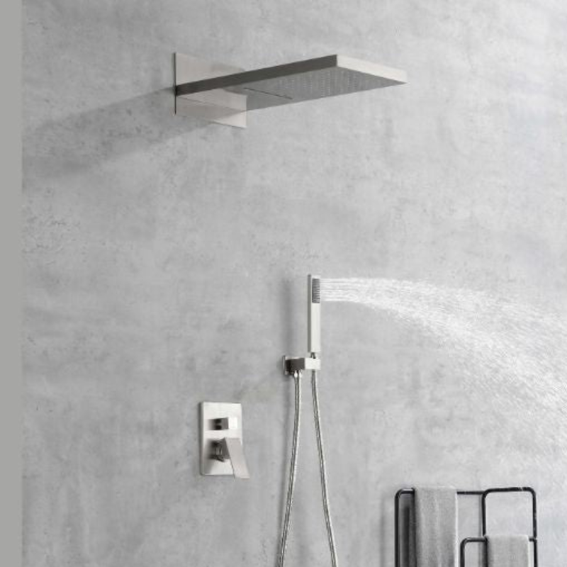 Brushed Nickel Rectangle Rainfall Shower System with Handheld and Shower Faucet Set