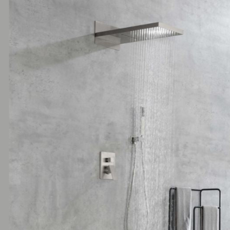 Brushed Nickel Rectangle Rainfall Shower System with Handheld and Shower Faucet Set