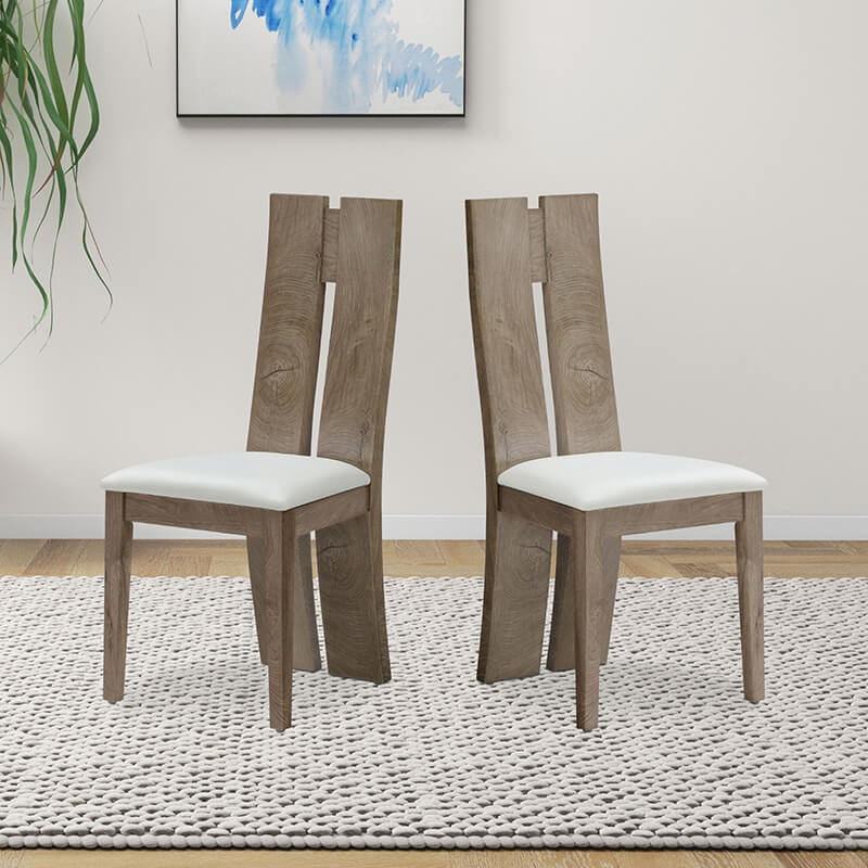 Dining chair set of 2 placed side by side on a fluffy area rug  