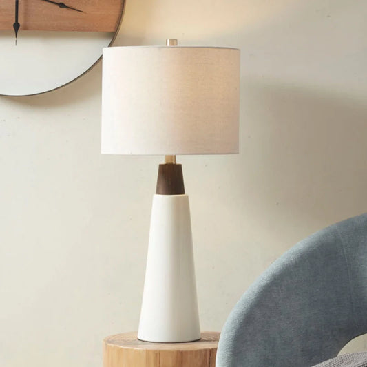 Ceramic Table Lamp in cream and white with drum-shaped lamp shade and conical base 