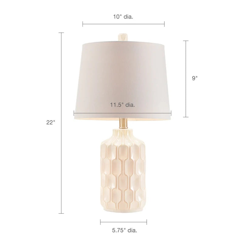 Dimension image of the Ivory and white ceramic table lamp with contoured base 