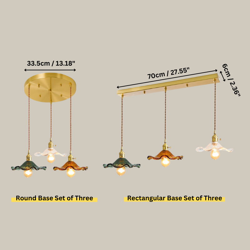 Dimension image of the green, amber and clear glass pendant light round and rectangular base of the set of three 