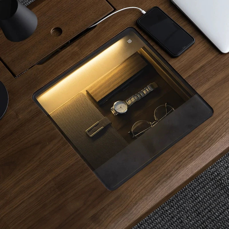 Curved Corner Desk with Drawers in a Stunning office space highlighting its glowing tempered glass section on its table top