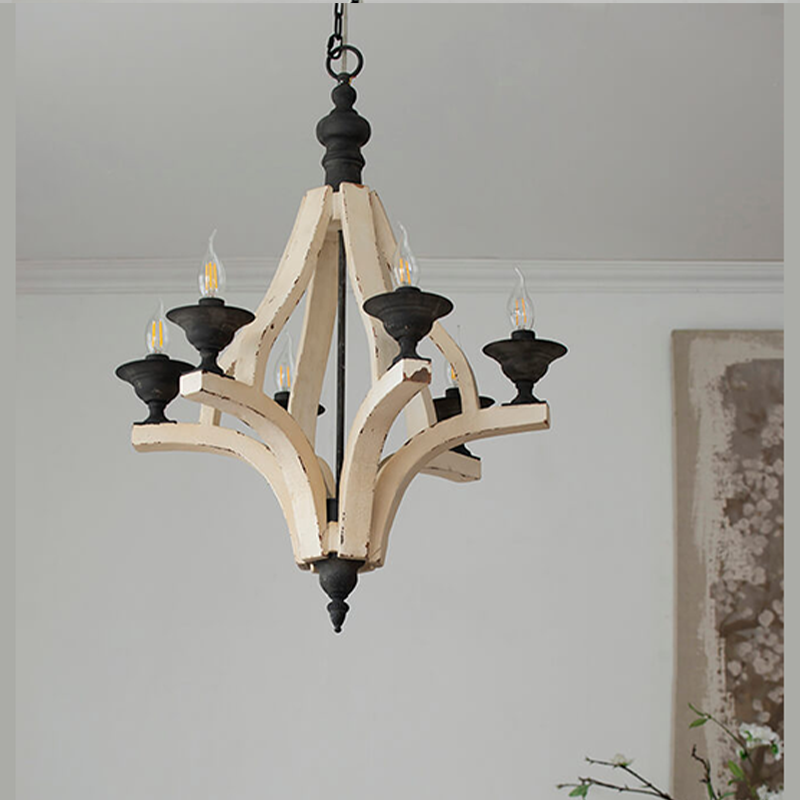 22.5" Cream 6-Light Wood Chandelier