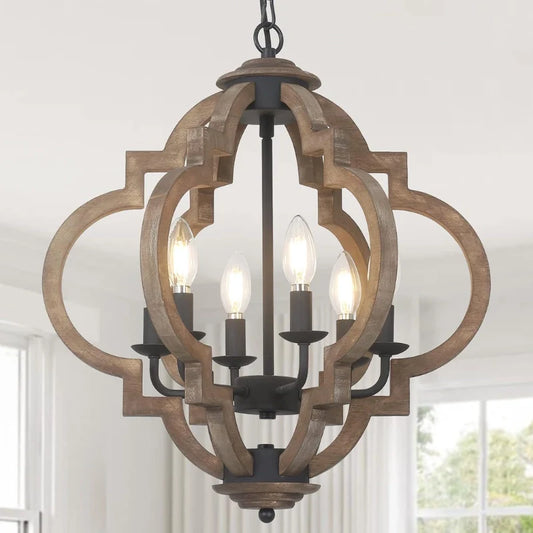 Wood and Metal Dining Room Chandelier with candle lamp holders 