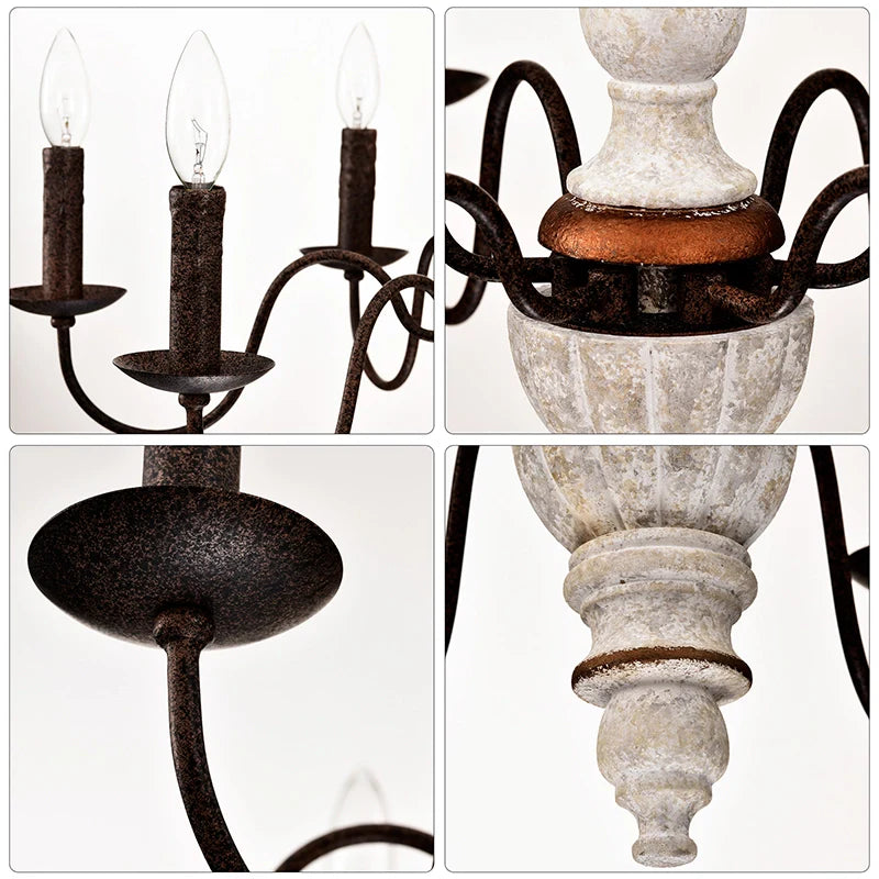 Upclose view of different parts of the retro white and rust finish dining chandelier 