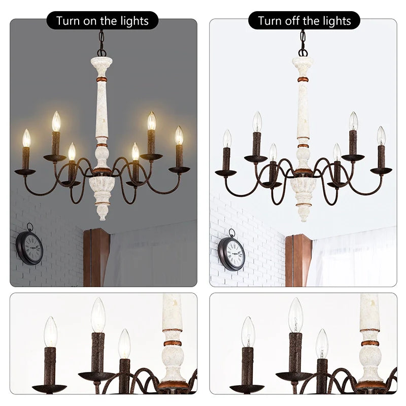 6 Light dining room chandelier mounted above in a turned on and off state