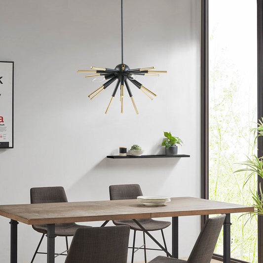 a gold dining room chandelier hanged over a dining table