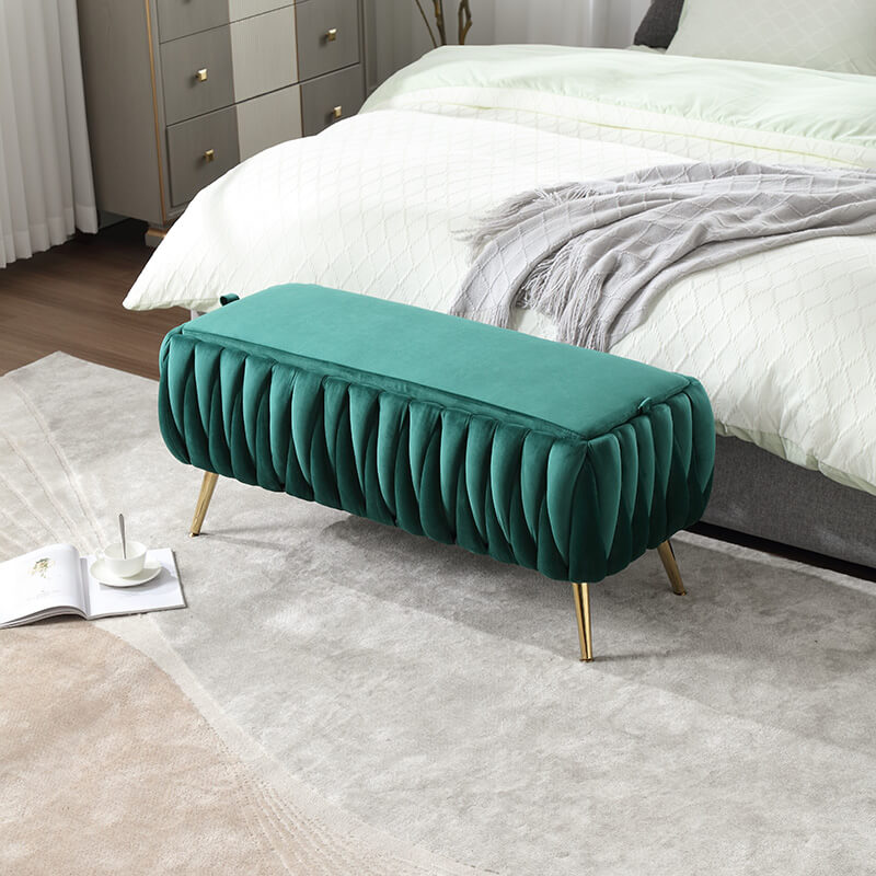 42" Emerald Velvet Storage Ottoman Bench with Golden Metal Leg