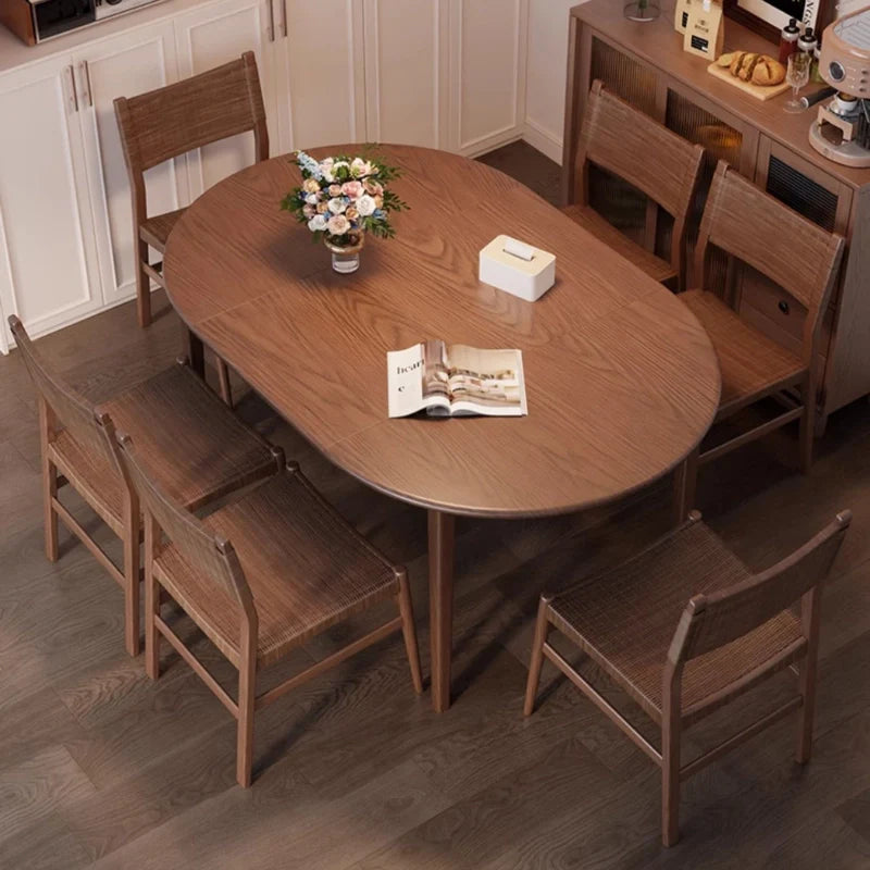 A Solid Wood Extendable Dining Table with matching wooden dining chairs