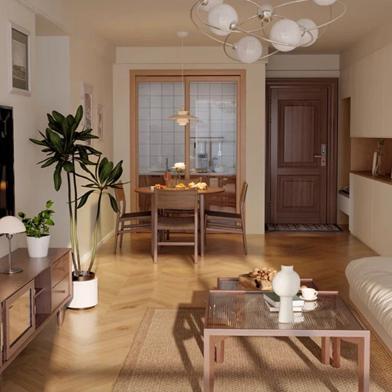 a wooden extendable dining table and chairs placed in a corner of the living room