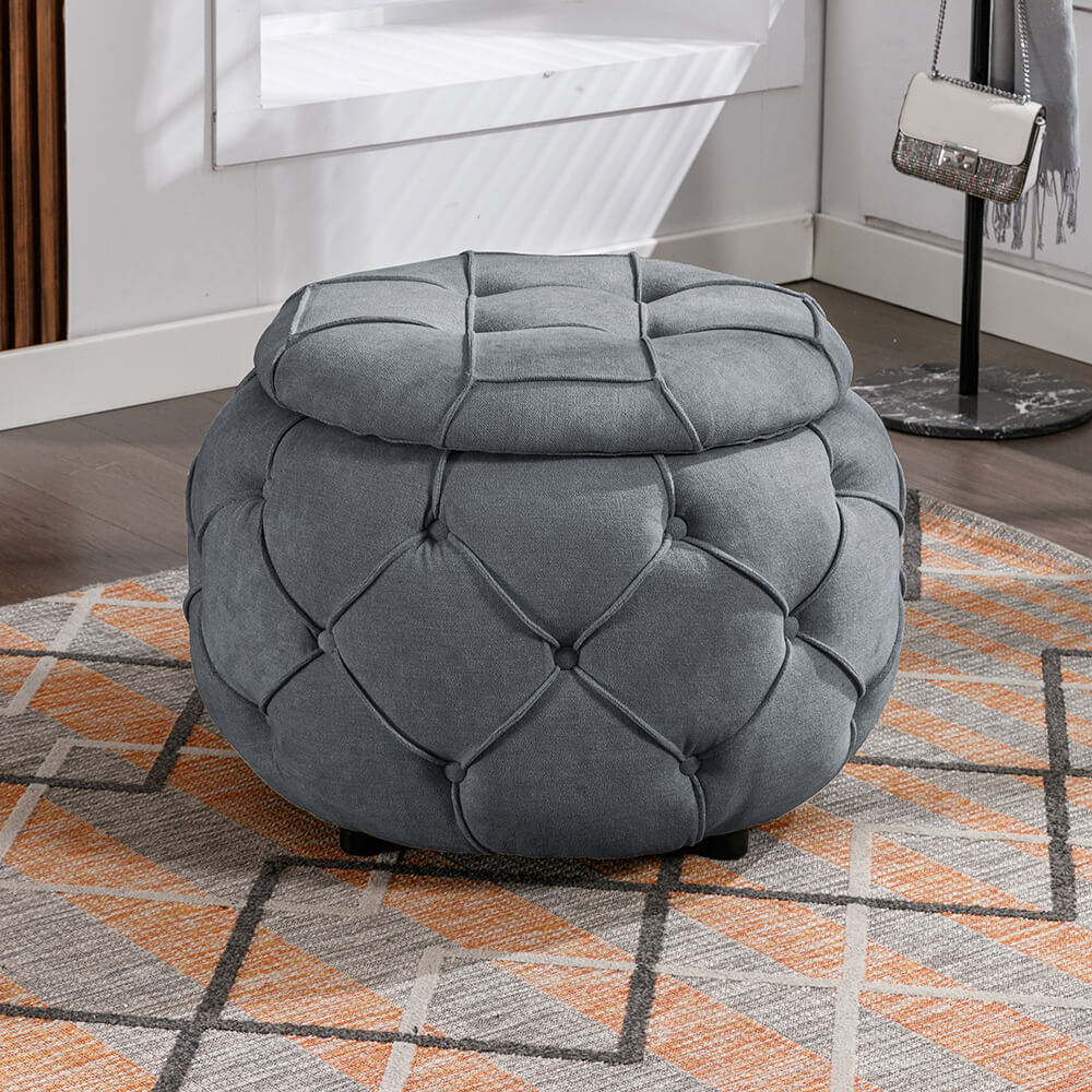 Gray Button Tufted Woven Round Storage Ottoman