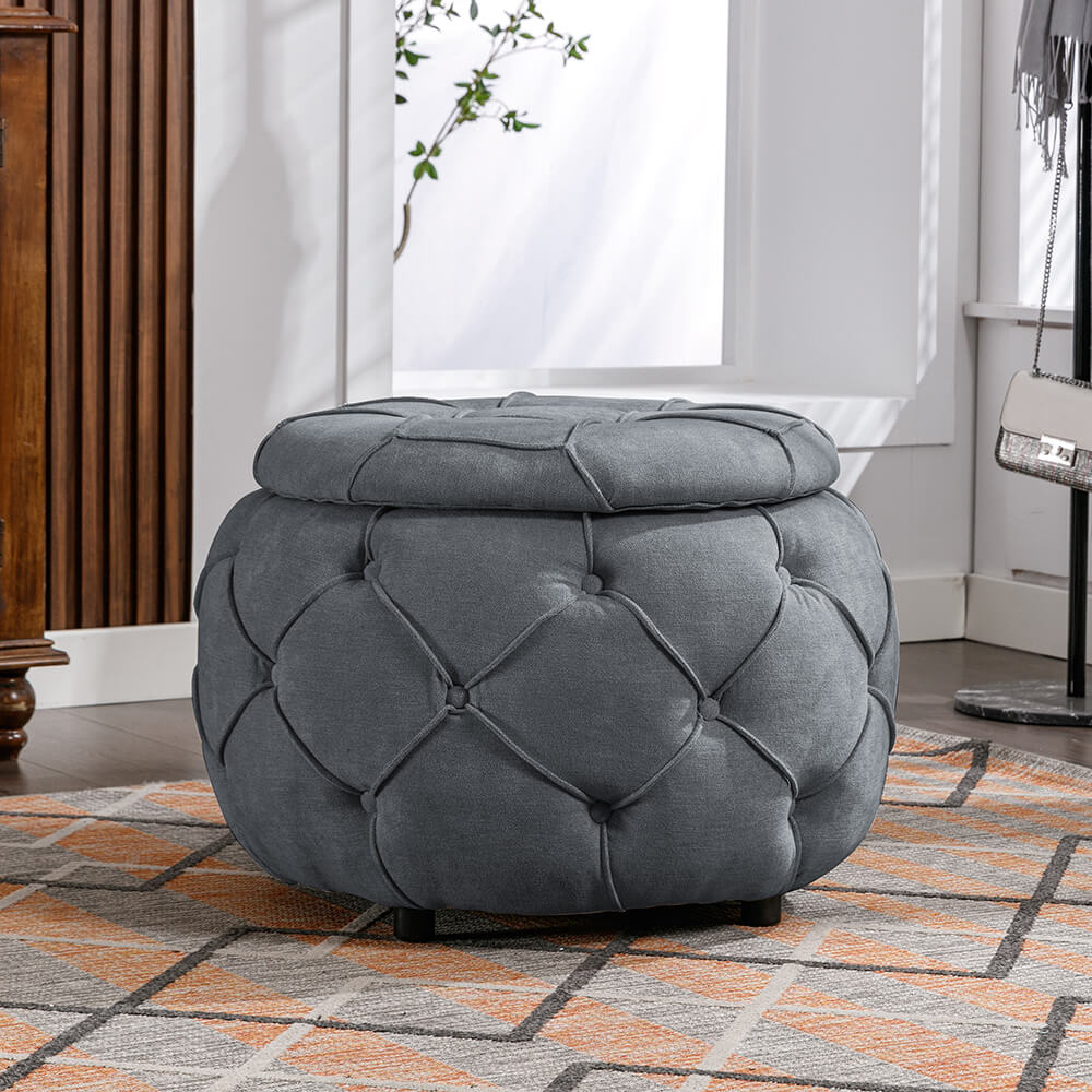 Gray Button Tufted Woven Round Storage Ottoman