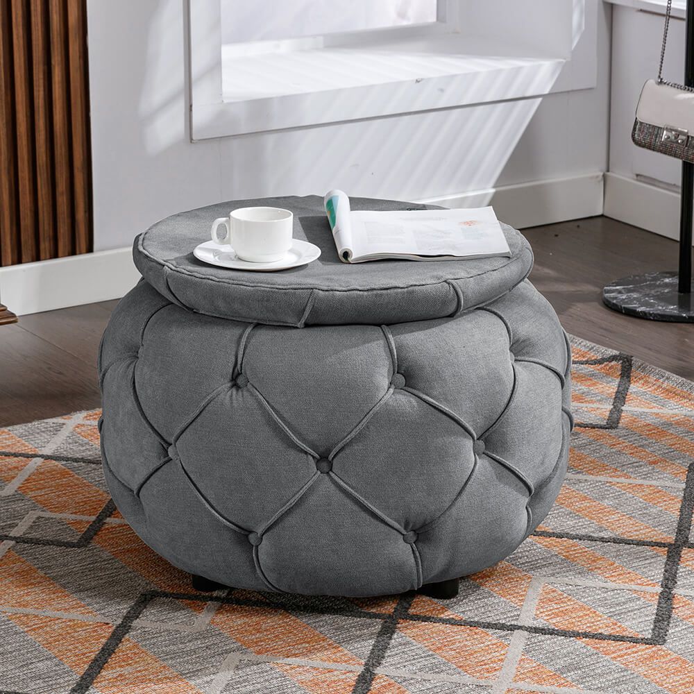 Gray Button Tufted Woven Round Storage Ottoman