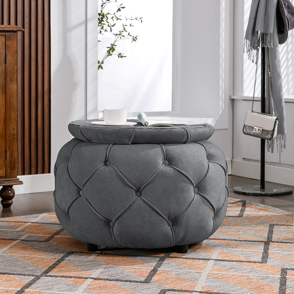 Gray Button Tufted Woven Round Storage Ottoman