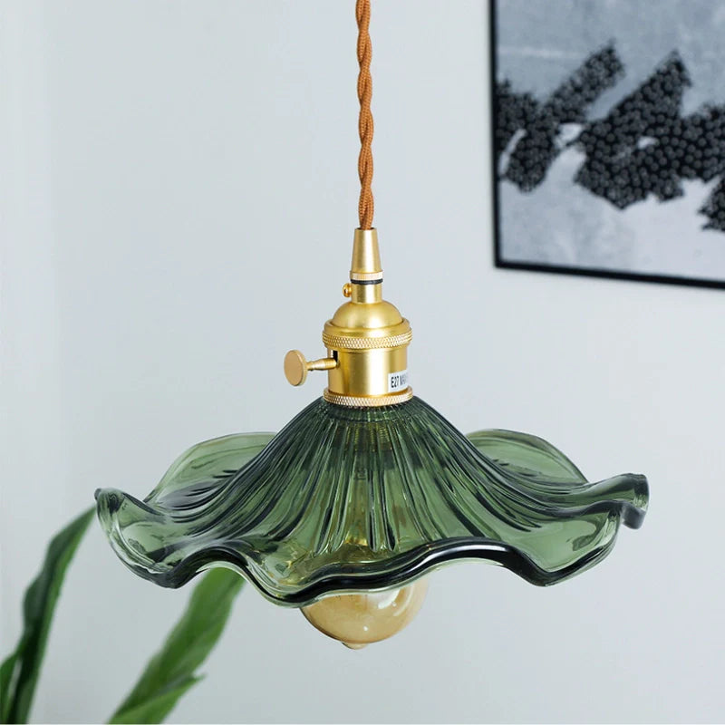 Green Glass Pendant light showing floral lamp shade and brass lamp holder