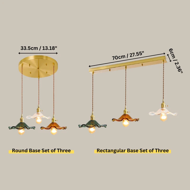 Dimension image of the clear, amber and green glass pendant light round and rectangular base of the set of three 