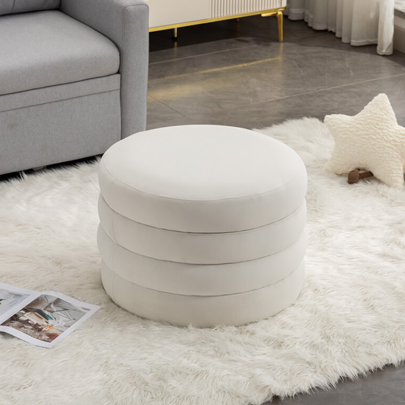 24.5" Ivory Velvet Round Storage Ottoman Footstool