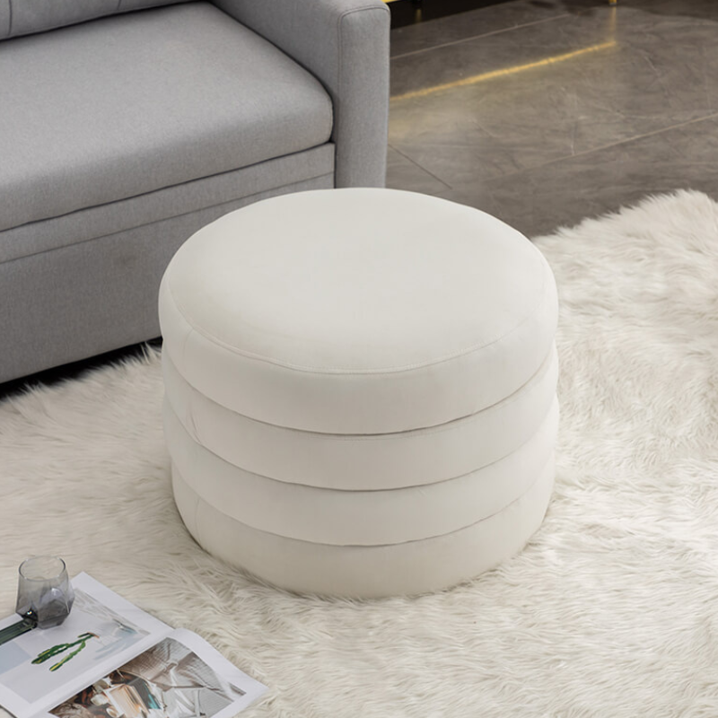 24.5" Ivory Velvet Round Storage Ottoman Footstool